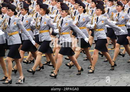 (190509) -- MOSCOW, May 9, 2019 (Xinhua) -- Russian female police cadets march on the Red Square for the Victory Day parade in Moscow, Russia, May 9, 2019. Russia marks the 74th anniversary of the victory over Nazi Germany in World War II here on May 9. (Xinhua/Bai Xueqi) RUSSIA-MOSCOW-VICTORY DAY-PARADE PUBLICATIONxNOTxINxCHN Stock Photo