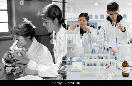 (190509) -- YAN AN, May 9, 2019 (Xinhua) -- Combo photo shows young teacher Wang Shuzhen (R) guiding her student conduct an experiment at Yan an University in Yan an, northwest China s Shaanxi Province on July 19, 1961 (L, file photo) and students performing experiments at Yan an University in Yan an on May 6, 2019 (R, taken by Liu Xiao). Yan an, a former revolutionary base of the Communist Party of China (CPC), is no longer labeled poor, as its last two impoverished counties have shaken off poverty, the Shaanxi provincial government announced Tuesday. (Xinhua) CHINA-SHAANXI-YAN AN-GREAT CHANG Stock Photo