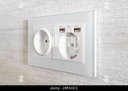 USB socket port with USB signage icon on wall background, Prepared to use. Stock Photo