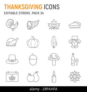 Thanksgiving line icon set, holidays collection, autumn vector graphics, logo illustrations, vector icons, family day signs, outline pictograms Stock Vector