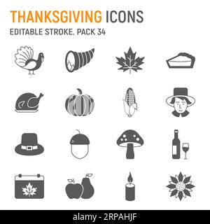 Thanksgiving glyph icon set, holidays collection, autumn vector graphics, logo illustrations, vector icons, family day signs, solid pictograms Stock Vector