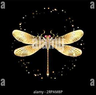 Golden, artistically drawn sparkling, symmetrical dragonfly with shiny, jeweled wings on black background. Stock Vector