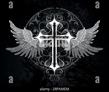 Patterned, gothic, white cross decorated with gray, angelic wings on black textured background. Gothic style. Stock Vector