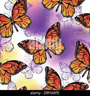 Seamless pattern of artistically drawn, vibrant, orange monarch butterflies on splashed purple and yellow colorful background. Monarch butterfly. Stock Vector