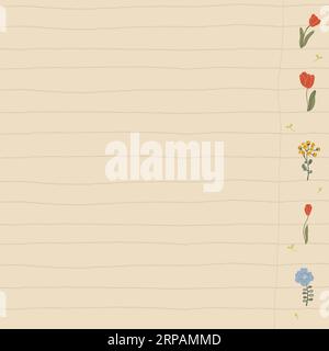 retro flowers in the margins of a notebook for cottagecore style design. Old beige paper sheet with lines ruled notebook with Romantic Meadow Stock Vector