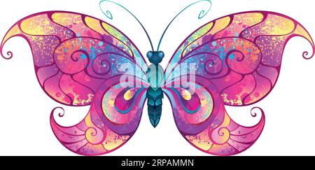 Exotic, artistically drawn, unusual butterfly with wings painted in pink, blue and yellow blots on white background. Colorful butterfly. Stock Vector