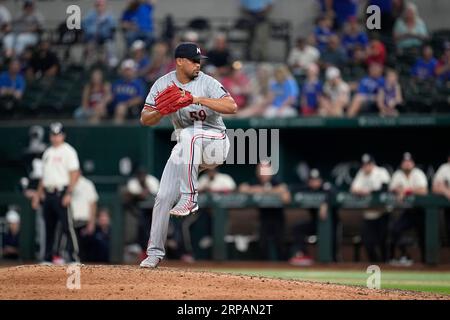 ARLINGTON, TX - JULY 09: Minnesota Twins relief pitcher Jhoan Duran (59)  pitches in the game between the Texas Rangers and the Minnesota Twins on  July 9, 2022 at Globe Life Field