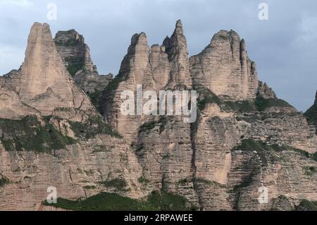 (190519) -- YONGJING, May 19, 2019 (Xinhua) -- Photo taken on May 18, 2019 shows a stone forest at Bingling Danxia National Geological Park in Yongjing County, northwest China s Gansu Province. Danxia landform is a unique type of landscapes formed from red sandstone and characterized by steep cliffs. (Xinhua/Fan Peishen) CHINA-GANSU-YONGJING-DANXIA LANDFORM (CN) PUBLICATIONxNOTxINxCHN Stock Photo