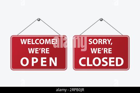 Welcome we are open and sorry we are closed board shop Stock Vector