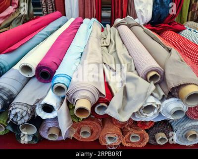 Close Up View On Samples Of Cloth And Fabrics In Different Colors Stock Photo