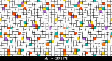 Hand drawn color square grid seamless pattern. Handdrawn irregular checks. Wave crossing line background. Doodle student notebook sheet texture Stock Vector