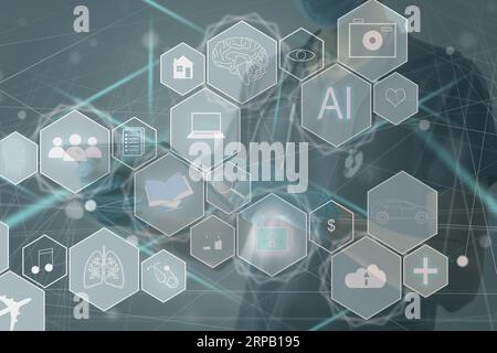Artificial Intelligence AI, Internet of Things IoT. Business man using laptop computer on technology background, big data, deep learning, smart phone Stock Photo