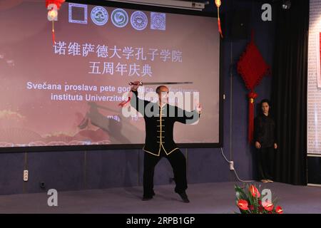 (190524) -- NOVI SAD (SERBIA), May 24, 2019 (Xinhua) -- A student performs Taiji during a ceremony marking the fifth anniversary of the Confucius Institute at the University of Novi Sad, in Novi Sad, Serbia, on May 24, 2019. Students of the Confucius Institute at the University of Novi Sad demonstrated their language skills and arts at a ceremony marking the fifth anniversary of the institute on Friday. (Xinhua/Shi Zhongyu) SERBIA-NOVI SAD-CONFUCIUS INSTITUTE-ANNIVERSARY PUBLICATIONxNOTxINxCHN Stock Photo