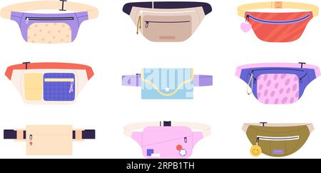 Isolated waist bag, funny wallet bags. Girl accessories, cool stylish purse. Fashion pouch, travel casual diverse handbags. Racy vector graphic Stock Vector
