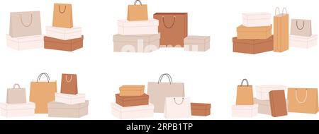 Isolated shopping bags and boxes. Craft packs compositions, gifts and shop presents. Modern store eco bag. Natural packaging racy vector elements Stock Vector