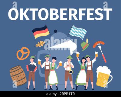 Oktoberfest party concept. German cartoon people dance in bavarian traditional costume. Munich festival, brewery elements recent vector scene Stock Vector