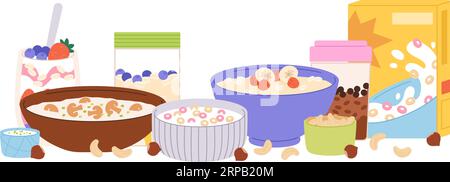 Porridge and corn flakes. Isolated bowls with milk and fast breakfast, granola and nuts. Healthy snack, vector children food in plates concept Stock Vector