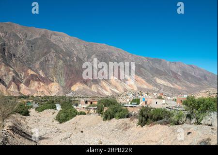 Cityscape of the City of Maiamara in Jujuy, Argentina with the colorful hill behind. Stock Photo