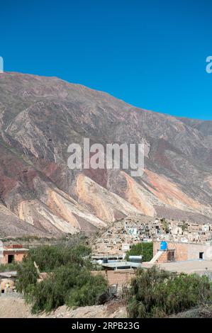 Cityscape of the City of Maiamara in Jujuy, Argentina with the colorful hill behind. Stock Photo