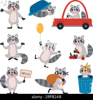 Funny cartoon raccoon set. Raccoons in diverse poses, cute flat woodland animals. Small playing wild animal, classy vector childish characters Stock Vector