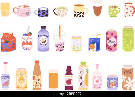 Drinks and beverages collection. Coffee and tea, milk shake, juice and cocktail. Liquids in bottles, cans and paper box. Isolated cups vector set Stock Vector