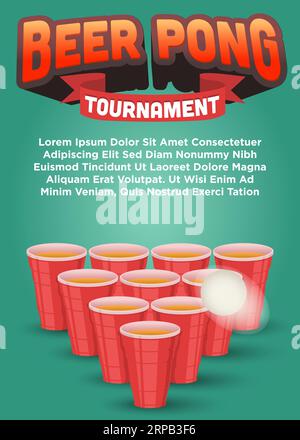 beer glass and flying ping pong ball for beer pong tournament poster template. beer pong vector illustration poster template Stock Vector