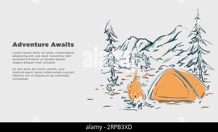 adventure awaits concept. camping tent with bonfire mountins background. rough hand drawn style vector illustration Stock Vector