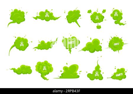 Smelling green cartoon smoke or fart clouds flat style design vector illustration set. Stock Vector