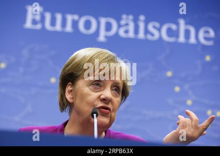 News Themen der Woche KW22 News Bilder des Tages (190528) -- BRUSSELS, May 28, 2019 -- German Chancellor Angela Merkel speaks during a press conference after an informal dinner of EU heads of state or government at the European Union headquarters in Brussels, Belgium, on May 28, 2019. The European Union (EU) member states leaders didn t discuss names of the candidates but only the process to choose new president of the European Commission (EC), European Council President Donald Tusk said here Tuesday. During a press conference following the leaders informal dinner, Tusk told reporters that Tue Stock Photo