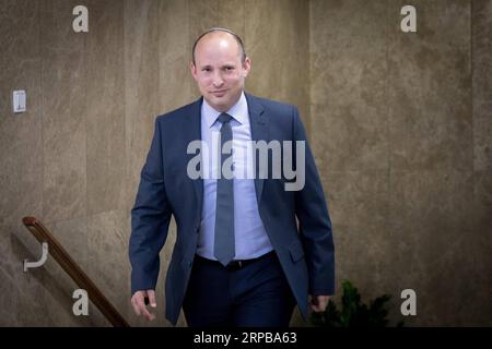 190602 -- JERUSALEM, June 2, 2019 -- Israel s Education Minister Naftali Bennett arrives to attend the weekly cabinet meeting in Jerusalem, on June 2, 2019. Israel s Prime Minister Benjamin Netanyahu on Sunday fired his justice and education ministers, days after the parliament called for early elections.  MIDEAST-JERUSALEM-ISRAEL-NETANYAHU-MINISTERS-FIRED JINI/YonatanxSindel PUBLICATIONxNOTxINxCHN Stock Photo