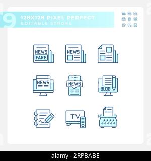 Set of editable pixel perfect blue journalism icons Stock Vector