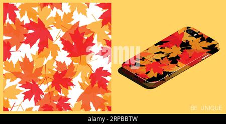 Modern smartphone in unique case decorated autumn maple dried herbarium leaves seamless pattern. Isometric top view. Vector ornament for design of pos Stock Vector