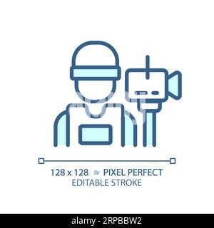 2D customizable thin linear blue cameraman icon Stock Vector