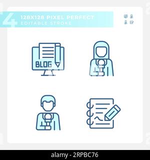 Pixel perfect blue journalism icons set Stock Vector