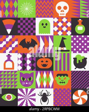 Halloween geometric holiday background. Memphis style greeting card. Stock Vector