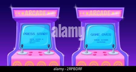 Arcade machines screens. Retro computer monitor with start player video game screen, old gaming machine 90s 80s interface 3d gamer pixel sign text, vector illustration of computer simulator screen Stock Vector