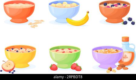 Oatmeal bowls. Oats porridge in bowl with berries fruit or millet flakes, morning breakfast for fitness and kids dessert, healthy food cereal meal muesli, neat vector illustration of breakfast oatmeal Stock Vector