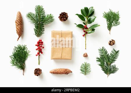 Gift with various conifers and cones on white backround. Flat lay Christmas composition with winter natural decoration. Stock Photo