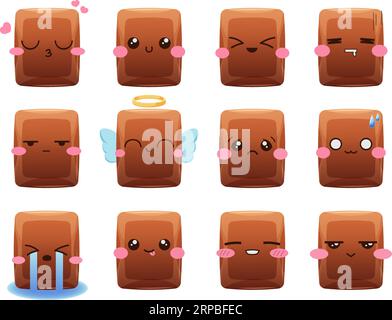 Chocolate emoji. Cute chocolates bar pieces with kawaii children face, funny cartoon choco cube character cocoa food happy different expressions mascot, vector illustration of cartoon character piece Stock Vector