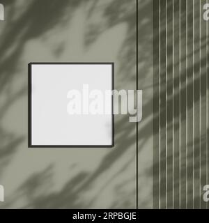 Blank picture frame hanging on the wall with shadow. Empty poster mockup for art display in sunlight. Minimal interior design. Stock Photo
