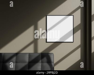 Blank black square picture frame mockup on brown wall. Brown living room design. View of modern interior with artwork mock up on wall. Home staging an Stock Photo