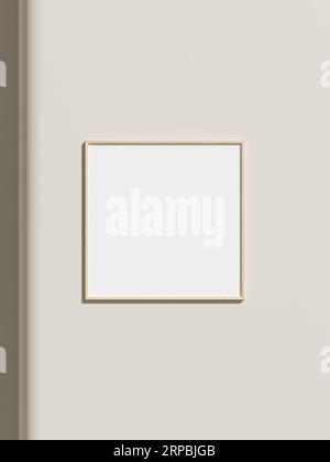 Thin rectangular frame hanging on a white textured wall mockup. Stock Photo