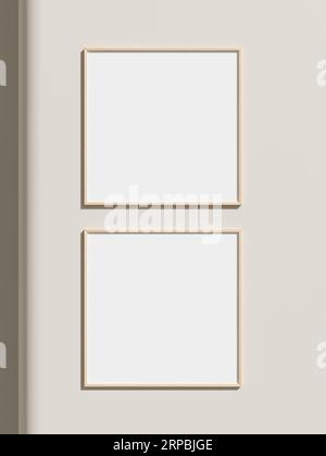 Thin rectangular frame hanging on a white textured wall mockup. Stock Photo
