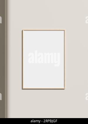 Thin rectangular frame hanging on a white textured wall mockup. Stock Photo