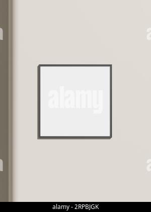 Thin rectangular frame hanging on a white textured wall mockup. Stock Photo
