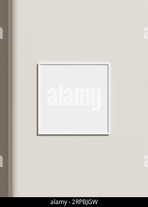 Thin rectangular frame hanging on a white textured wall mockup. Stock Photo
