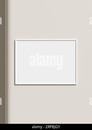 Thin rectangular frame hanging on a white textured wall mockup. Stock Photo