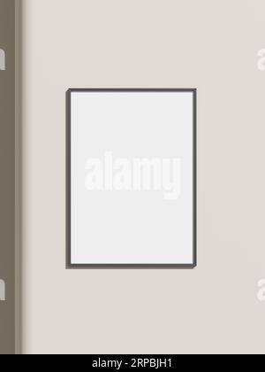 Thin rectangular frame hanging on a white textured wall mockup. Stock Photo