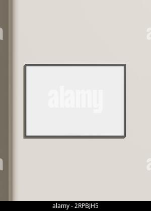 Thin rectangular frame hanging on a white textured wall mockup. Stock Photo