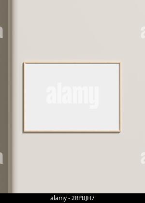 Thin rectangular frame hanging on a white textured wall mockup. Stock Photo
